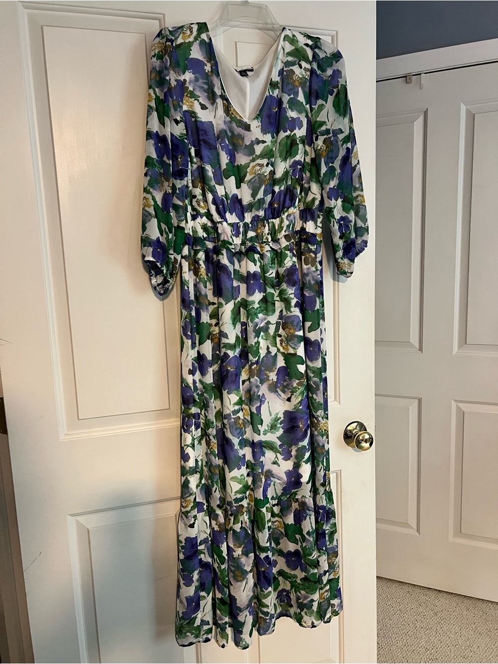 Floral V-Neck Maxi Dress in White and Blue